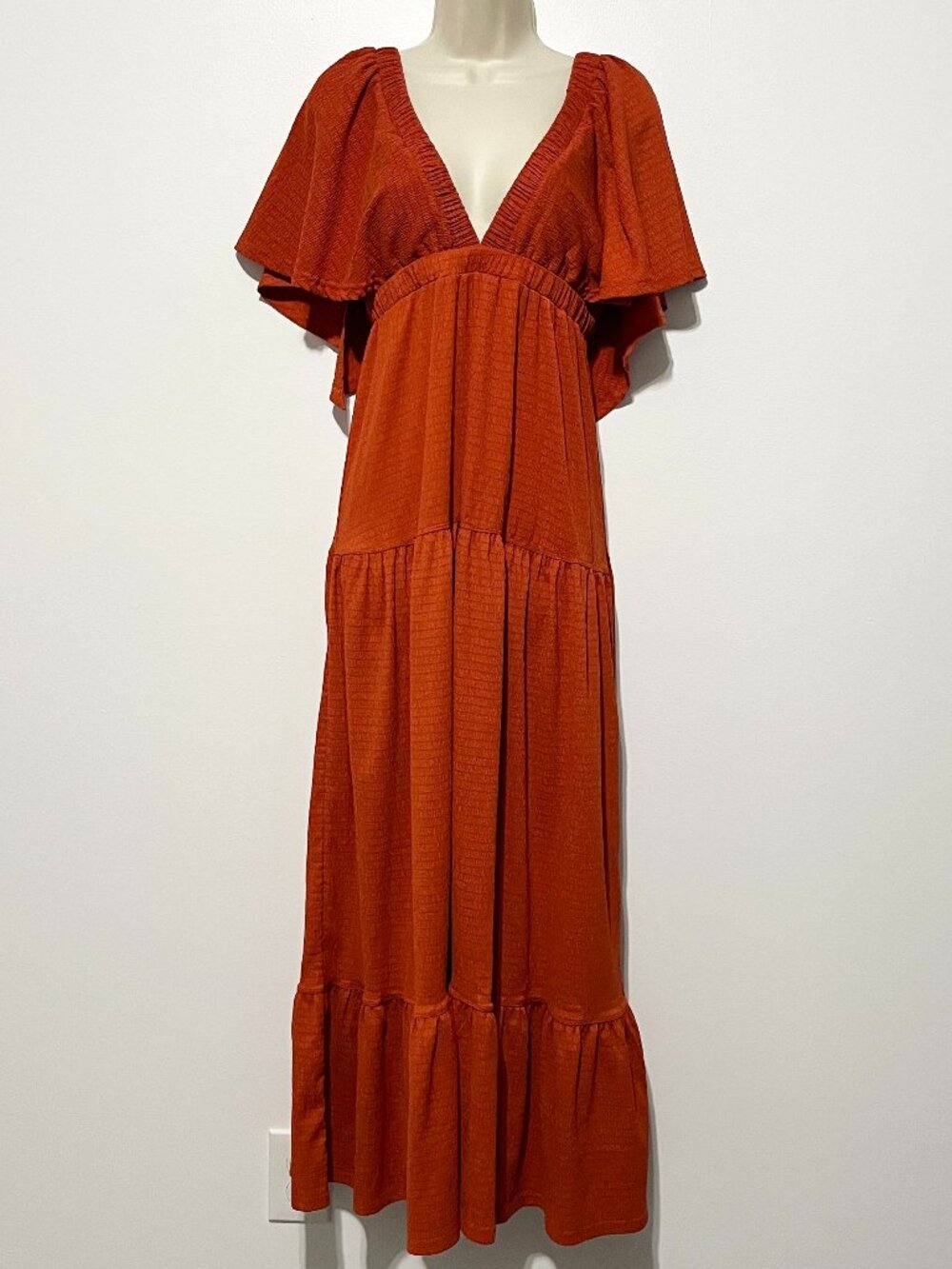 Womens Tiered Flutter Sleeve Maxi Dress S Burnt Orange Babydoll Boho Western